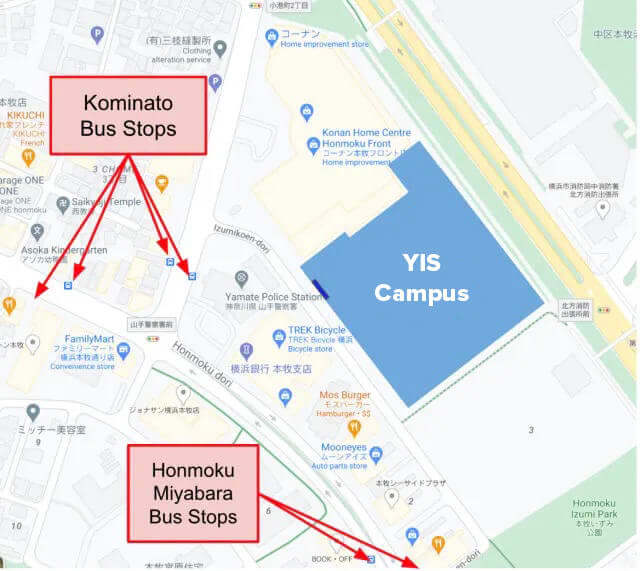 A map showing the kominato bus stop and Honmoku Miyabara bus stop are nearby.